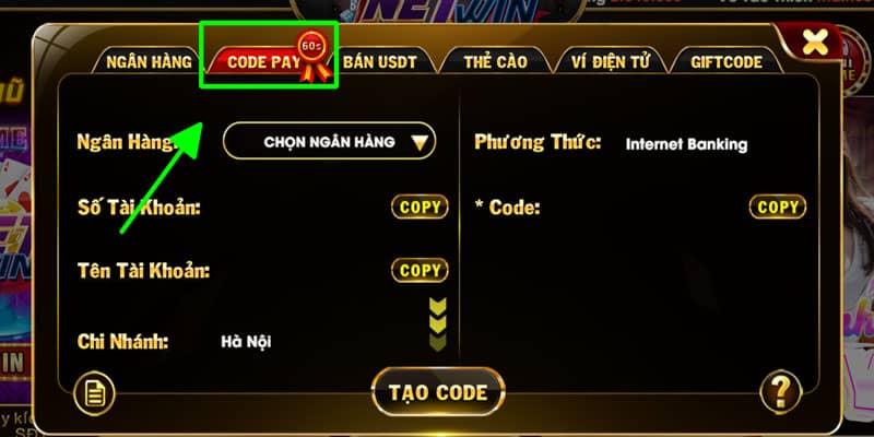 Chọn hình thức nạp tiền là code pay